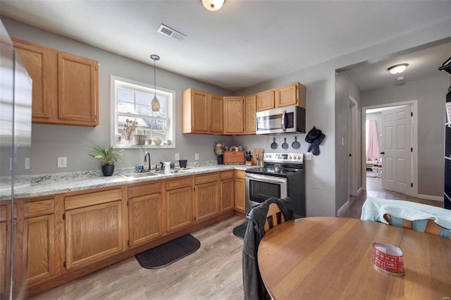 kitchen with stainless steel appliances, a sink, visible vents, hanging light fixtures, and light wood finished floors