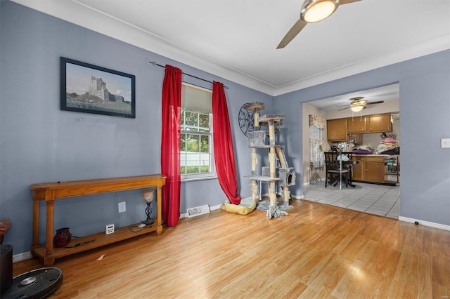 interior space with ceiling fan and light hardwood / wood-style flooring