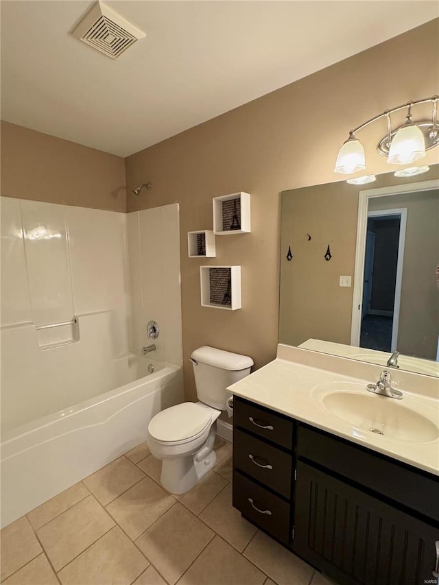 full bathroom featuring shower / washtub combination, vanity, toilet, and tile patterned floors