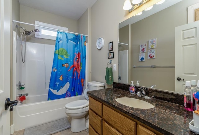 full bathroom featuring shower / bath combo, vanity, and toilet