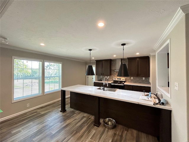 kitchen with hanging light fixtures, stainless steel range with electric stovetop, sink, and dark hardwood / wood-style flooring