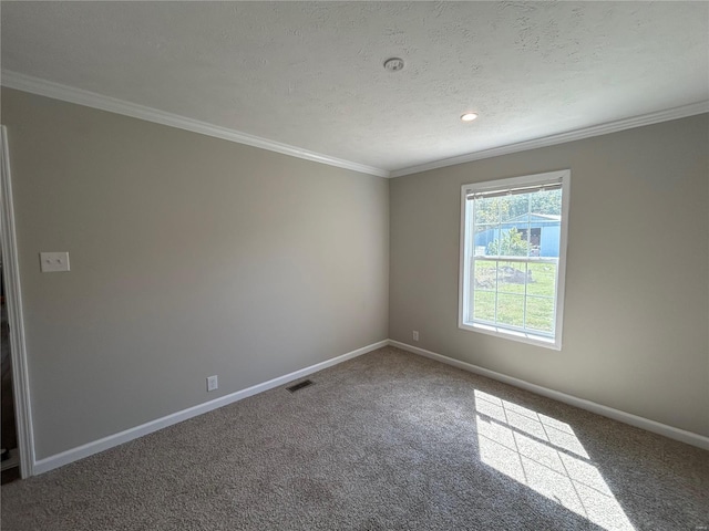 carpeted empty room with ornamental molding and a textured ceiling