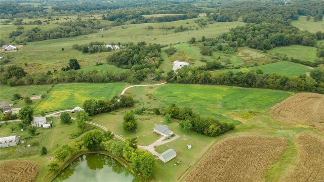 bird's eye view with a water view and a rural view