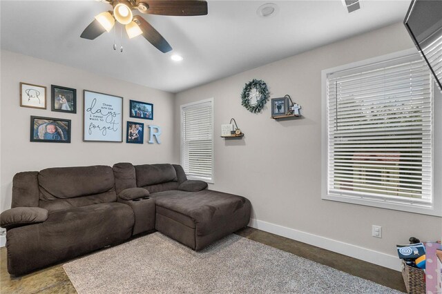 living room with ceiling fan