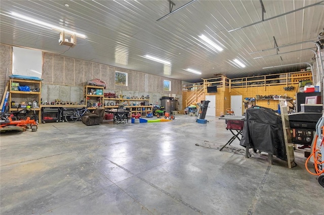 garage with a workshop area