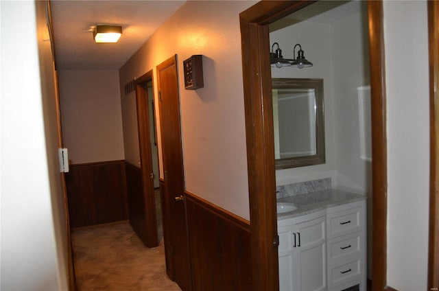 hallway featuring light carpet, a textured ceiling, and wooden walls