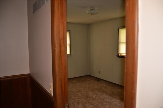 carpeted spare room featuring wooden walls