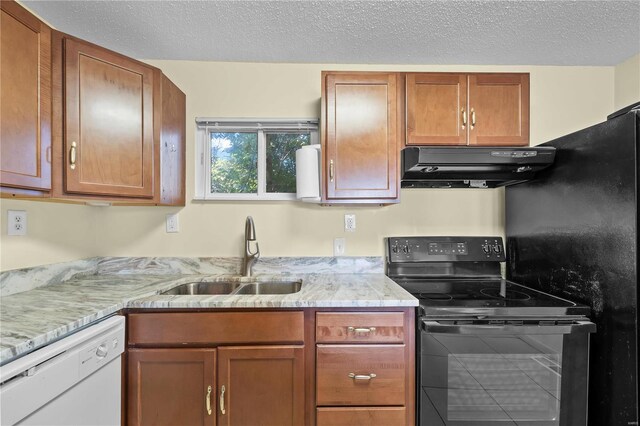 kitchen with black range with electric stovetop, sink, a textured ceiling, dishwasher, and light stone countertops