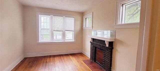 interior space with a fireplace and hardwood / wood-style floors