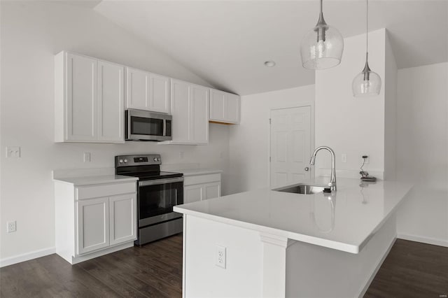 kitchen with lofted ceiling, a sink, stainless steel appliances, and a peninsula