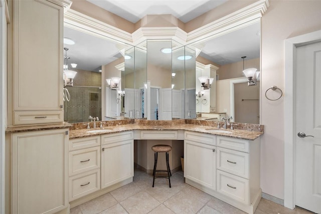 bathroom featuring walk in shower, tile patterned flooring, and vanity