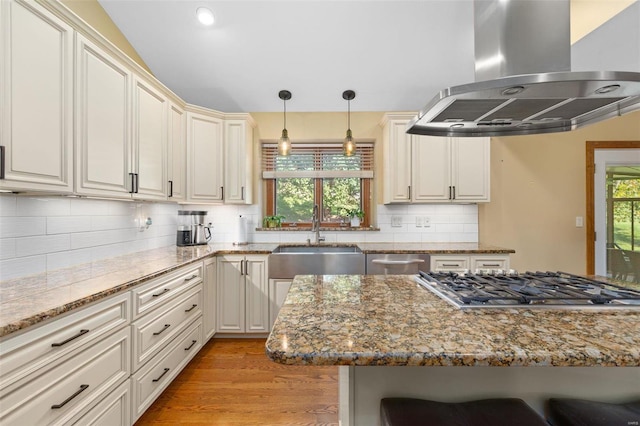 kitchen featuring sink, island exhaust hood, light hardwood / wood-style flooring, backsplash, and appliances with stainless steel finishes