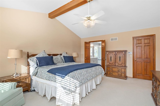 carpeted bedroom with ceiling fan and vaulted ceiling with beams