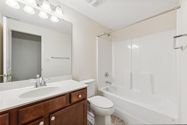 full bathroom with shower / bathing tub combination, vanity, and toilet