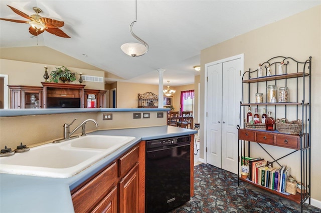 kitchen with lofted ceiling, sink, ceiling fan with notable chandelier, hanging light fixtures, and black dishwasher