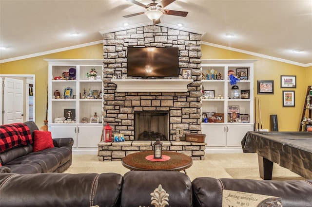 living room featuring light carpet, lofted ceiling, and crown molding