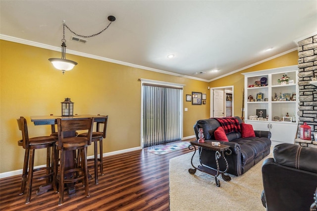 living room with bar area, crown molding, vaulted ceiling, and dark hardwood / wood-style floors