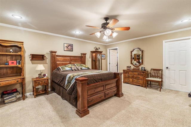 bedroom with light carpet, crown molding, and ceiling fan