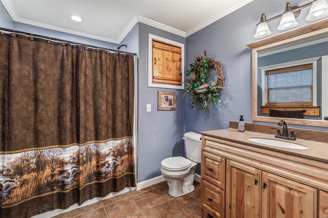 bathroom with vanity, ornamental molding, tile patterned floors, a shower with curtain, and toilet