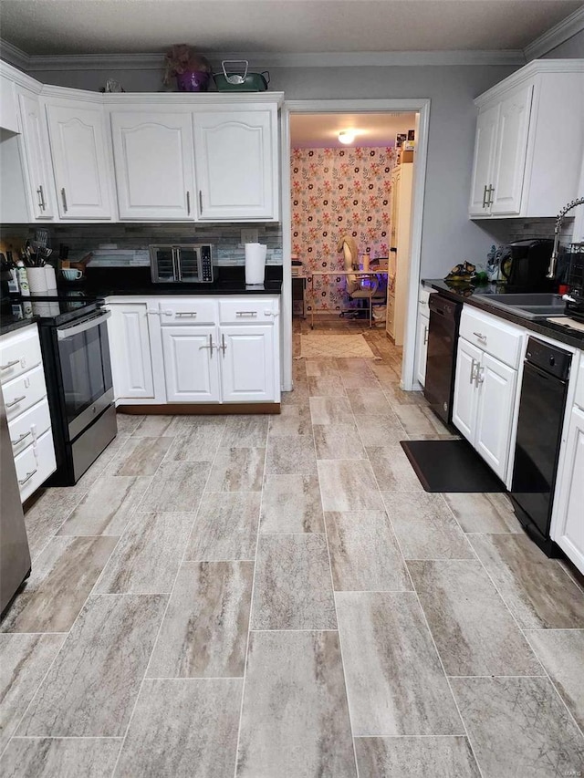 kitchen featuring stainless steel range with electric cooktop, dishwasher, white cabinetry, and tasteful backsplash