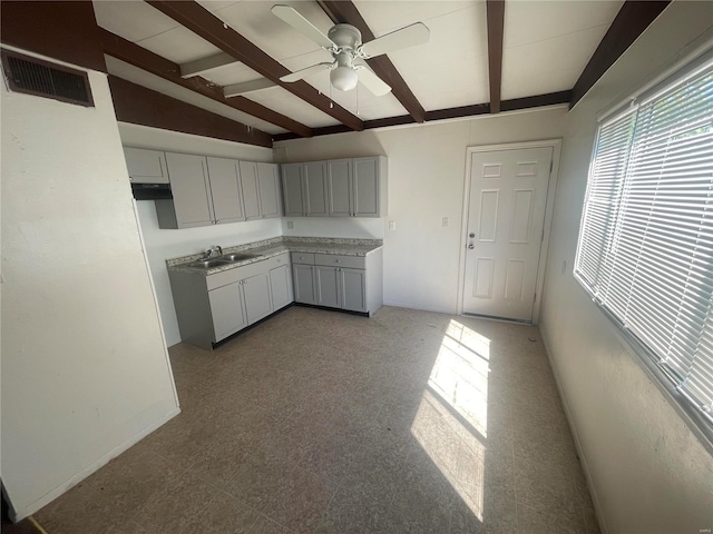 kitchen featuring ceiling fan, lofted ceiling with beams, sink, and gray cabinetry