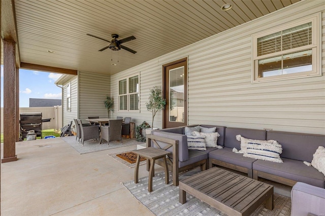 view of patio featuring ceiling fan and an outdoor hangout area