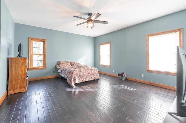 bedroom featuring ceiling fan, dark wood-type flooring, and multiple windows