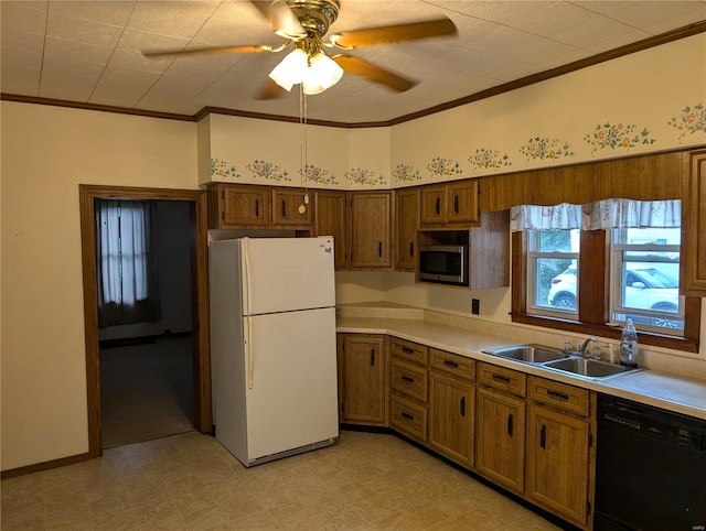 kitchen with ceiling fan, white refrigerator, sink, dishwasher, and crown molding