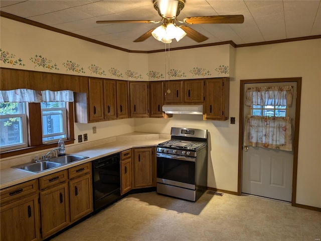 kitchen with black dishwasher, sink, stainless steel gas stove, ornamental molding, and ceiling fan