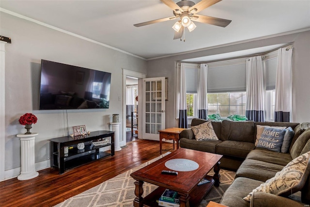 living room featuring ceiling fan, dark wood-type flooring, and crown molding