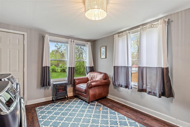 sitting room featuring dark wood-type flooring, plenty of natural light, washer and dryer, and a wood stove