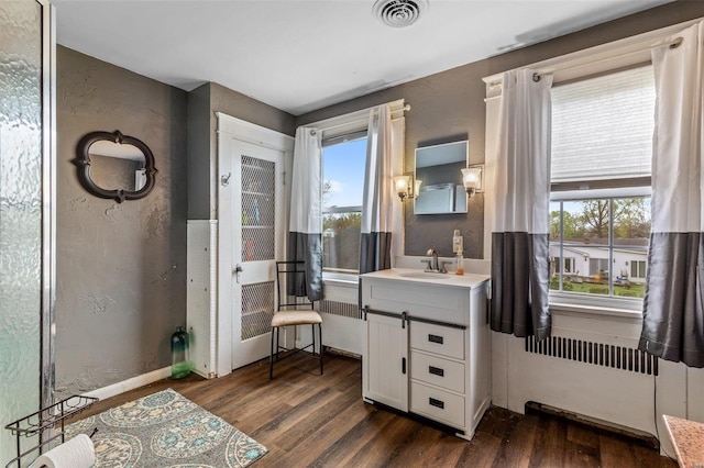 bathroom featuring vanity, hardwood / wood-style flooring, radiator heating unit, and a wealth of natural light