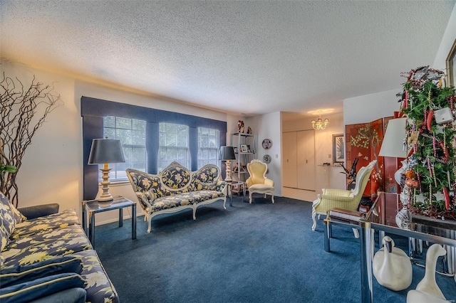 carpeted living room with a textured ceiling