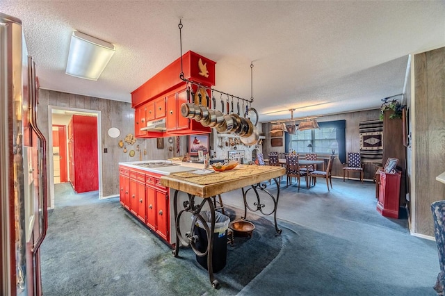 kitchen with a textured ceiling and dark carpet