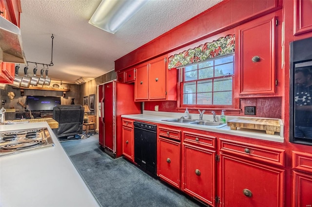 kitchen with dishwasher, a textured ceiling, dark colored carpet, sink, and extractor fan