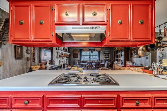 kitchen with ventilation hood and stainless steel gas cooktop