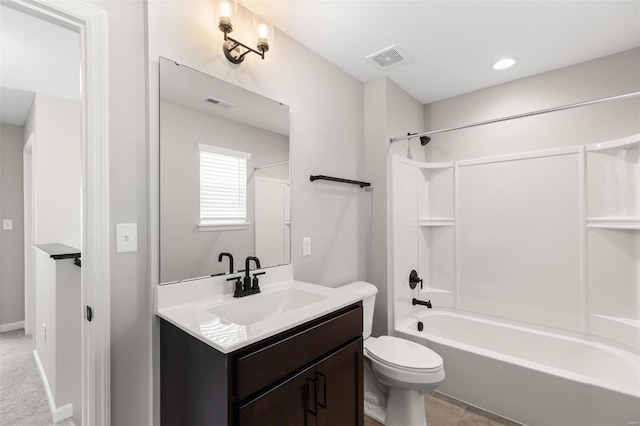 full bathroom with toilet, vanity, shower / bathing tub combination, and visible vents
