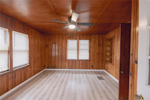 empty room featuring wood ceiling, light wood-type flooring, built in shelves, wood walls, and ceiling fan