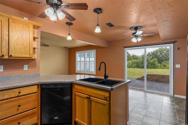 kitchen featuring kitchen peninsula, dishwasher, ceiling fan, and sink