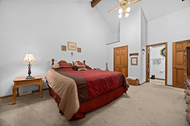 carpeted bedroom featuring beam ceiling, ceiling fan, and high vaulted ceiling