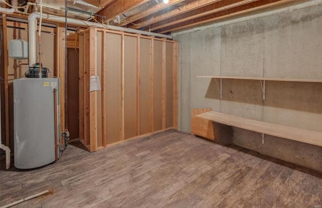 basement featuring wood-type flooring and water heater