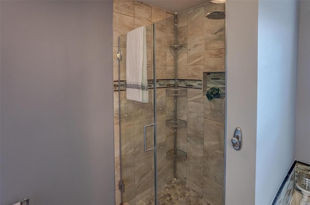 bathroom featuring a shower with shower door