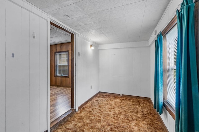 carpeted spare room featuring wooden walls