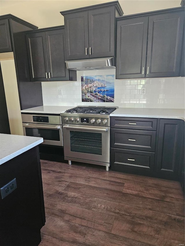 kitchen with stainless steel appliances, backsplash, and dark wood-type flooring