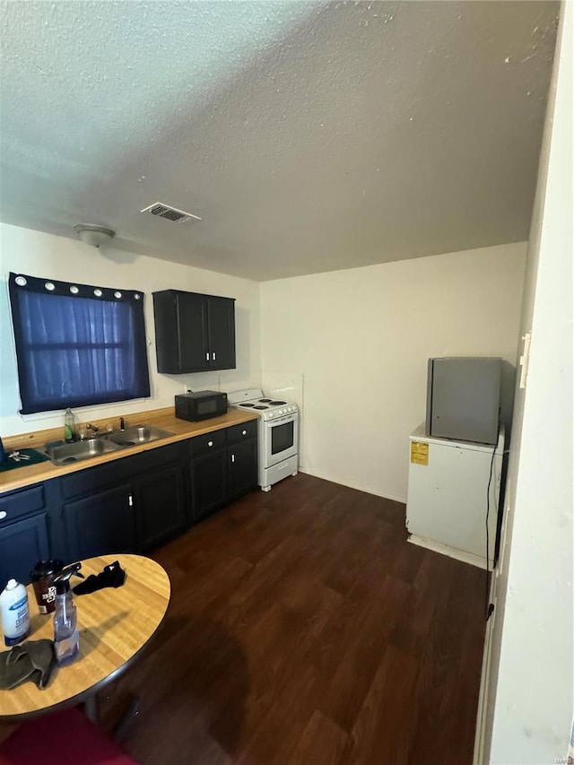 kitchen with a textured ceiling, sink, dark hardwood / wood-style flooring, and white range oven