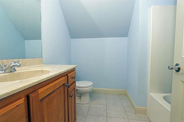 full bathroom featuring shower with separate bathtub, vaulted ceiling, toilet, vanity, and tile patterned floors