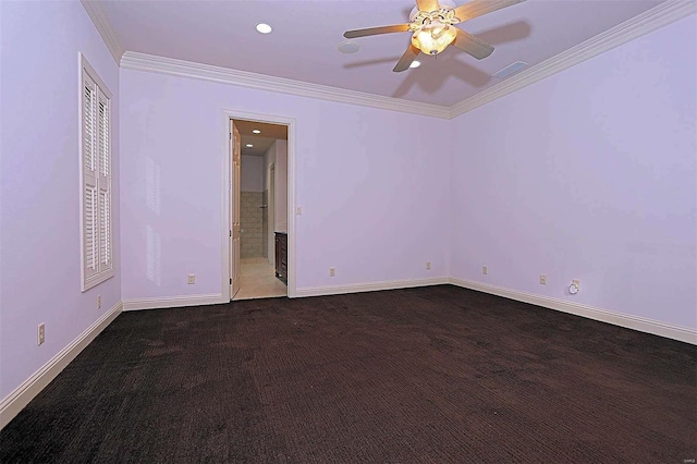 carpeted spare room with ornamental molding and ceiling fan