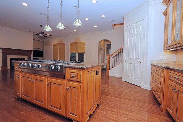 kitchen with ornamental molding, hardwood / wood-style floors, stainless steel gas cooktop, and ceiling fan