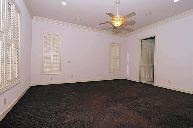 empty room with crown molding, carpet flooring, and ceiling fan