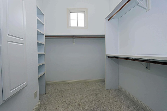 walk in closet with light colored carpet